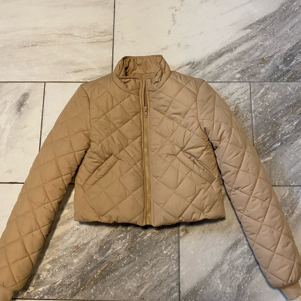 Princess Polly Lucia Jacket Full Zip Women Size 0 Puffer Beige Cropped Pockets